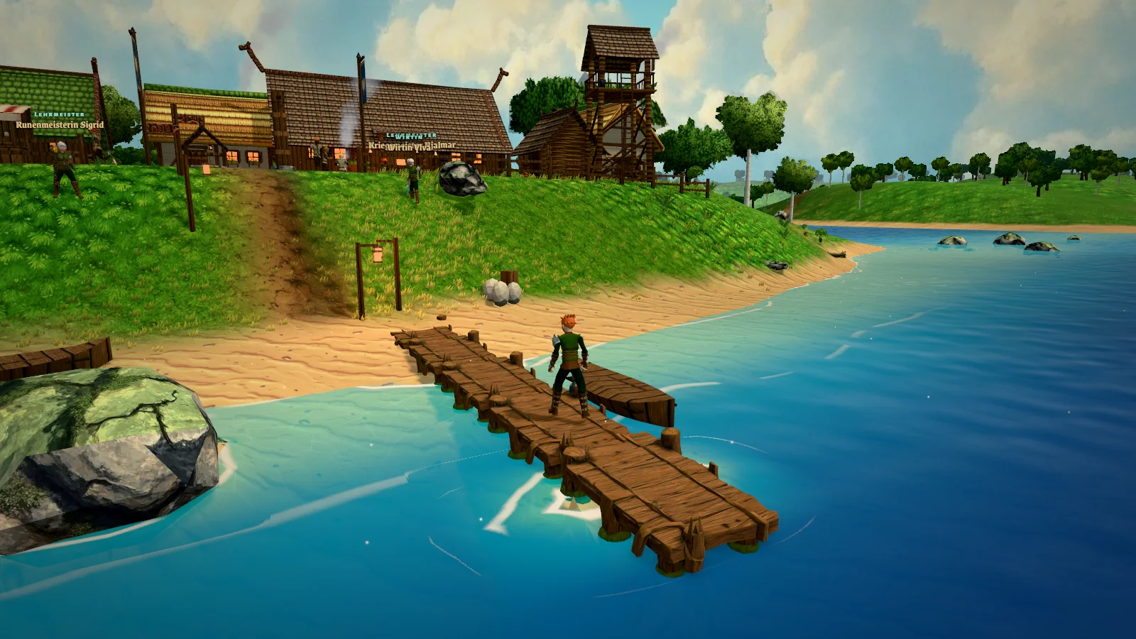 Ein Krieger auf dem Steg der Rabenbucht, dahinter das Dorf mit Methalle, Schmiede und Wachturm